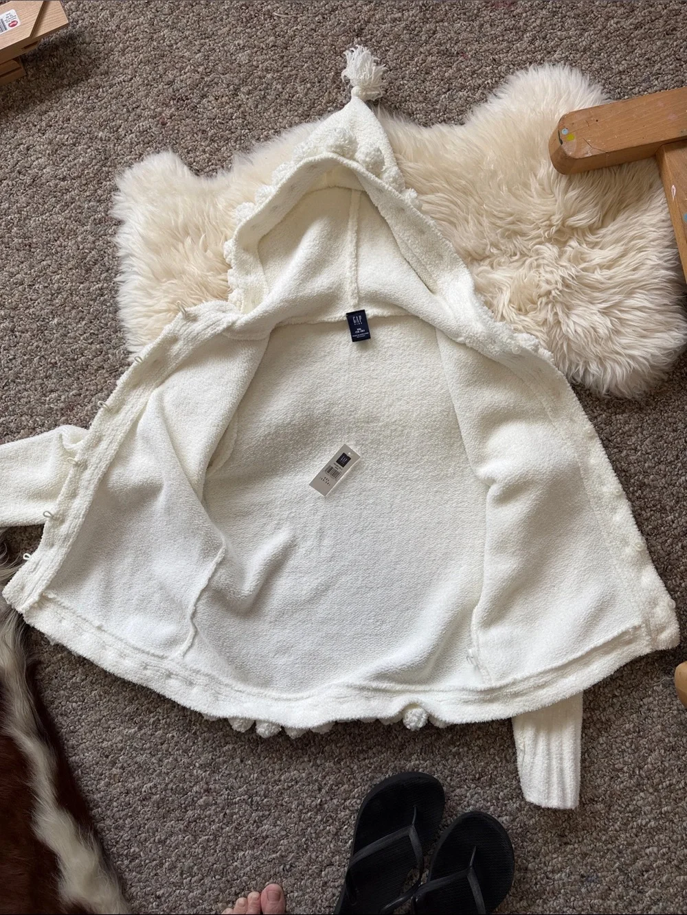 GAP Girl’s XXL Cream Bouclé Hooded Jacket with Pom Trim